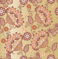  Fantastic flowers seamless pattern in pastel colors. Vintage flowers seamless ornament with decorative butterflies. Decorative ornament backdrop for fabric, textile, wrapping paper