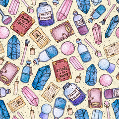 Watercolor and ink hand painted witchcraft seamless pattern on the beige background. Includes bottles, potions, elixirs, candles, gems, crystals, books of spells and alchemy magic wands and more.