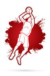 Basketball player jumping and prepare shooting a ball designed on spatter ink background graphic vector