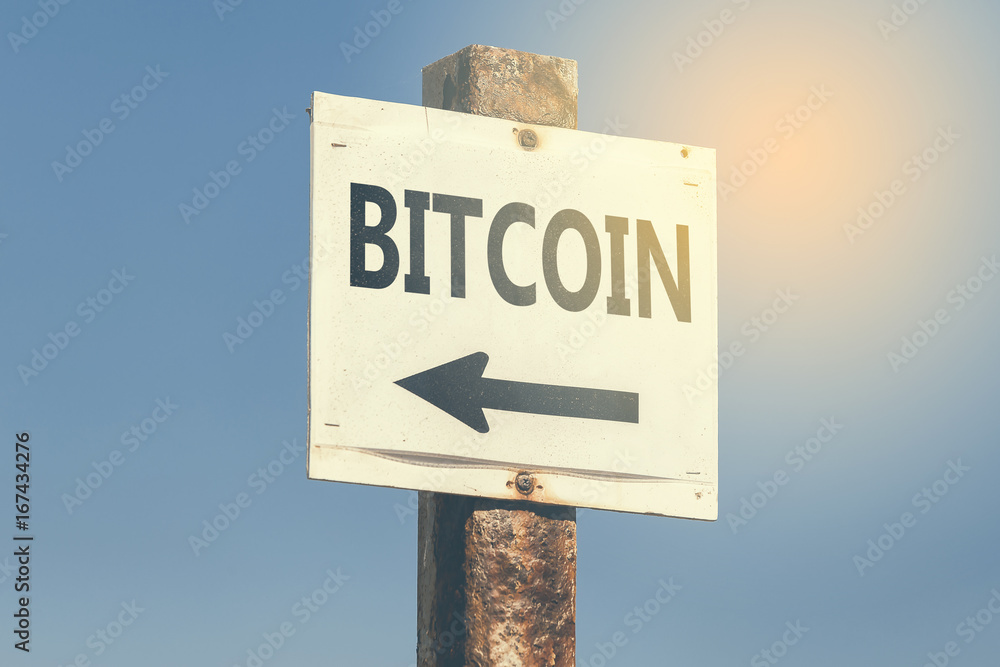 Bitcoin word and arrow signpost 3
