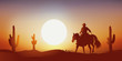 cow-boy - coucher de soleil - cheval - paysage, western, désert - cactus