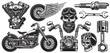 Set of monochrome motorcycle elements. Isolated on white background
