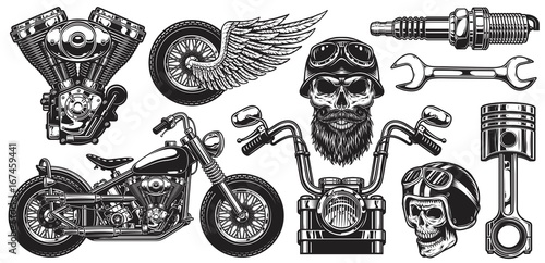 Set of monochrome motorcycle elements. Isolated on white background