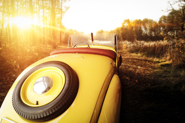 retro car in autumn forest and free space for your decoration 