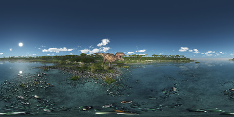 Wall Mural - 360 Grad Panorama mit dem Dinosaurier Tyrannosaurus Rex am Meer