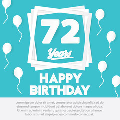 72 nd birthday celebration greeting card paper art style design, birthday invitation poster background with balloons. seventy two anniversary celebrations blue color