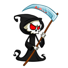 Wall Mural - Grim reaper cartoon character with scythe isolated on a white background. Cute death character in black hood