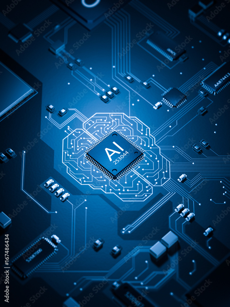 artificial Intelligence electronic circuit board future of technology 3d rendering - obrazy, fototapety, plakaty 