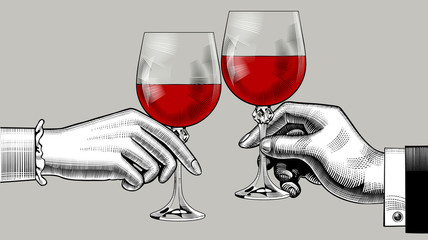 Wall Mural - Hands of man and woman clink glasses with red wine