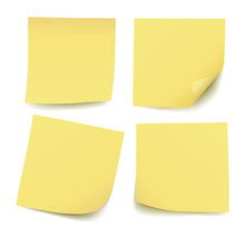 Set Of Four Realistic Blank Vector Yellow Post It Notes Isolated On White Background