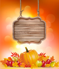 Poster - Autumn background with fruit and leaves and wooden sign. Vector.