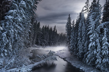 Scenic View Of Frozen River Amidst Snow Covered Trees