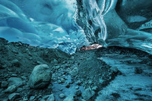 Majestic View Of Blue Glacial Ice Cave At Mendenhall Glacier