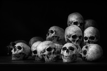 Genocides, Stacked Human Skulls At The Killing Fields, Black And White Tone