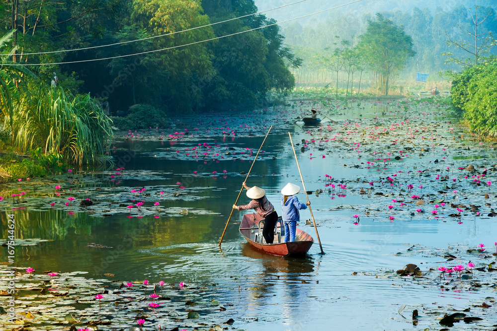 Yen stream on the way to Huong pagoda in autumn, Hanoi, Vietnam. Vietnam landscapes. - obrazy, fototapety, plakaty 