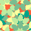 Colorful leaves in green and yellow random on red background. Seamless pattern vector illustration.