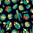 Colorful red and green cactus and succulents in black outline on dark blue background. Seamless pattern vector illustration.