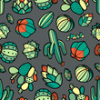 Colorful red and green cactus and succulents in black outline on gray background. Seamless pattern vector illustration.
