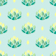 Pastel green and yellow succulents on pastel blue background. Seamless pattern vector illustration.