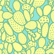 Random succulents in green outline and pastel yellow plane on light blue background. Seamless pattern vector illustration.