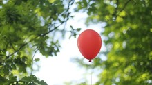 Red Happy Holiday Air Flying Balloon Nature Outside Blurred Unfocused Background Trees Forest Celebration Day Summer Play Carnival Joy Surprise Celebrate Birthday Blow Festive Ribbon Helium Inflatable