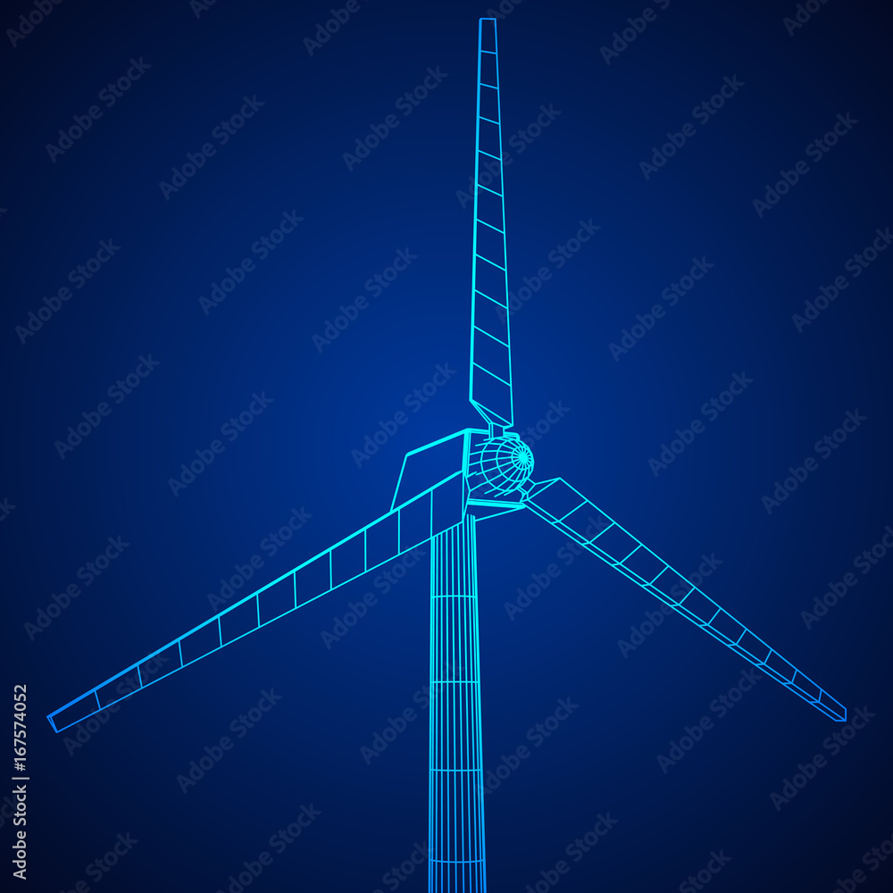 Wind turbine with propeller. Windmill generator wireframe low poly mesh ...