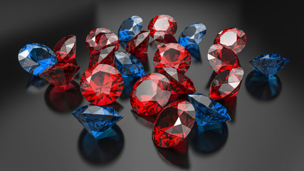 Rubies and blue ocean diamonds on a black background.