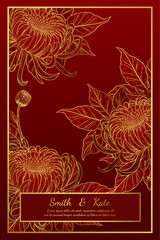 Wall Mural - Chrysanthemum vintage card on red background.Chrysanthemum flower by hand drawing.Floral vintage highly detailed in line art style.