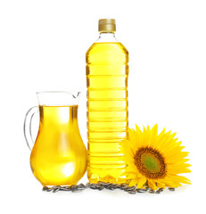 Wall Mural - Composition with cooking oil and sunflower on white background