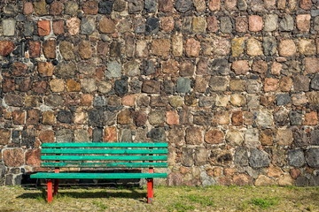 Wall Mural - Mittenwalde, Feldsteinmauer mit Sitzbank