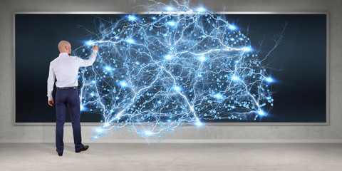 Poster - Businessman using digital brain interface on a board 3D rendering