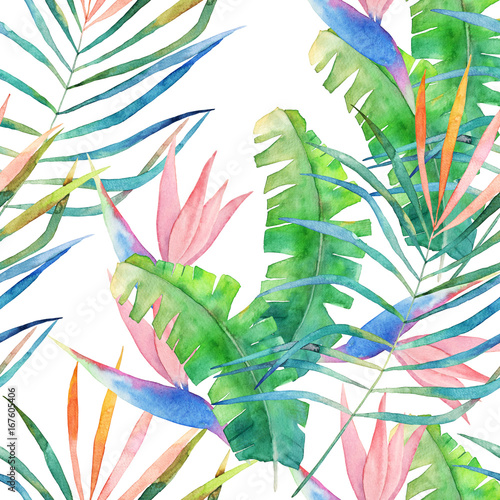 Fototapeta na wymiar Bezszwowy wzór z tropikalnymi liśćmi