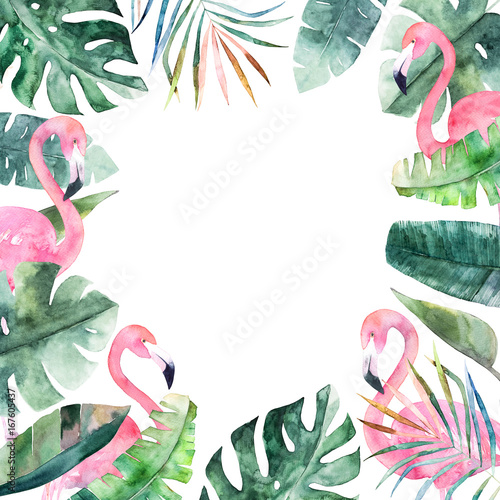 Watercolor frame with tropical jungle leaves and pink flamingo.Hand drawn alo...