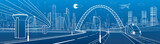 Fototapeta Sawanna - Infrastructure transport panorama. Train rides under bridge. Towers and skyscrapers. Urban scene, modern city on background, industrial architecture. Highway overpass. White lines, vector design art 
