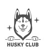 Silhouette of the head of a cheerful and friendly dog of the breed Husky with letters Husky Club. Black vector isolated on background. 