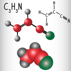 Poster - Acrylonitrile molecule - structural chemical formula and model.