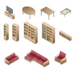 Wall Mural - Isometric wooden furniture for living room / Gradient fill icons
