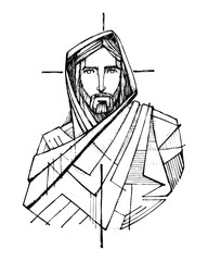 ink illustration of jesus christ and a cross