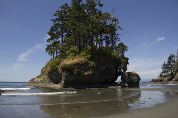 Forested beach island among the waves of the Pacific Ocean