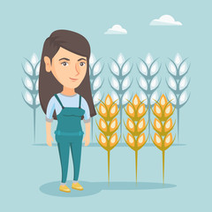 Canvas Print - Young caucasian rancher standing on the background of wheat field. Smiling rancher working in a wheat field. Cheerful rancher checking wheat harvest. Vector cartoon illustration. Square layout.