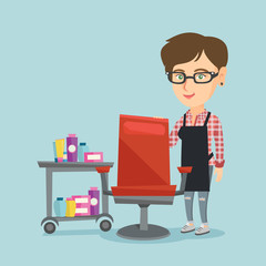 Canvas Print - Young caucasian barber standing near armchair and table with cosmetics in barber shop. Professional female barber standing at workplace in barber shop. Vector cartoon illustration. Square layout.