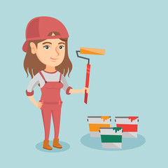 Wall Mural - Caucasian smiling female painter in uniform holding a paint roller in hand. Young cheerful house painter standing near paint cans. Vector cartoon illustration. Square layout.