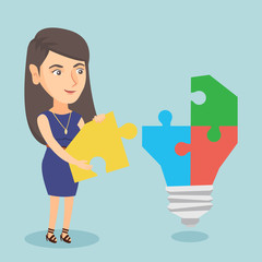 Canvas Print - Caucasian business woman completing idea lightbulb made of puzzle. Young business woman inserts the missing puzzle in idea lightbulb. Business idea concept. Vector cartoon illustration. Square layout.