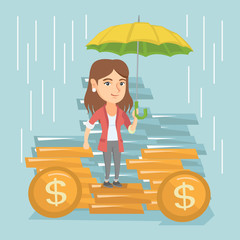 Canvas Print - Young caucasian business insurance agent. Female insurance agent holding umbrella over golden coins. Business insurance and business protection concept. Vector cartoon illustration. Square layout.