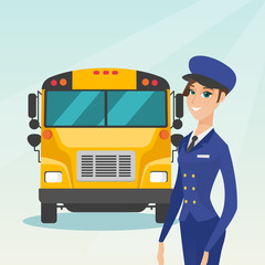 Canvas Print - Caucasian cheerful female school bus driver standing on the background of yellow bus. Smiling school bus driver in uniform. Cheerful school bus driver. Vector cartoon illustration. Square layout.