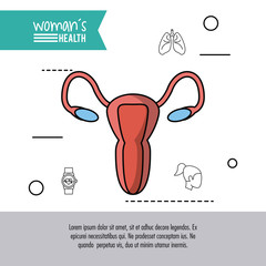 white background of poster woman health with female reproductive system and icons around vector illustration