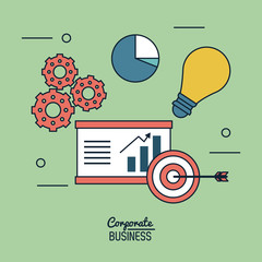 Poster - colorful background poster of corporate business with economic growing graphic and target and pinions and light bulb vector illustration