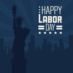 Canvas Print - colorful poster of happy labor day with dark blue background of statue of liberty and city vector illustration