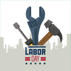 Sticker - colorful poster of happy labor day with silhouette of city and tools screwdriver hammer and spanner vector illustration