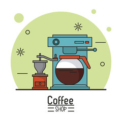 Sticker - colorful poster of coffee shop with coffee maker and grinder vector illustration